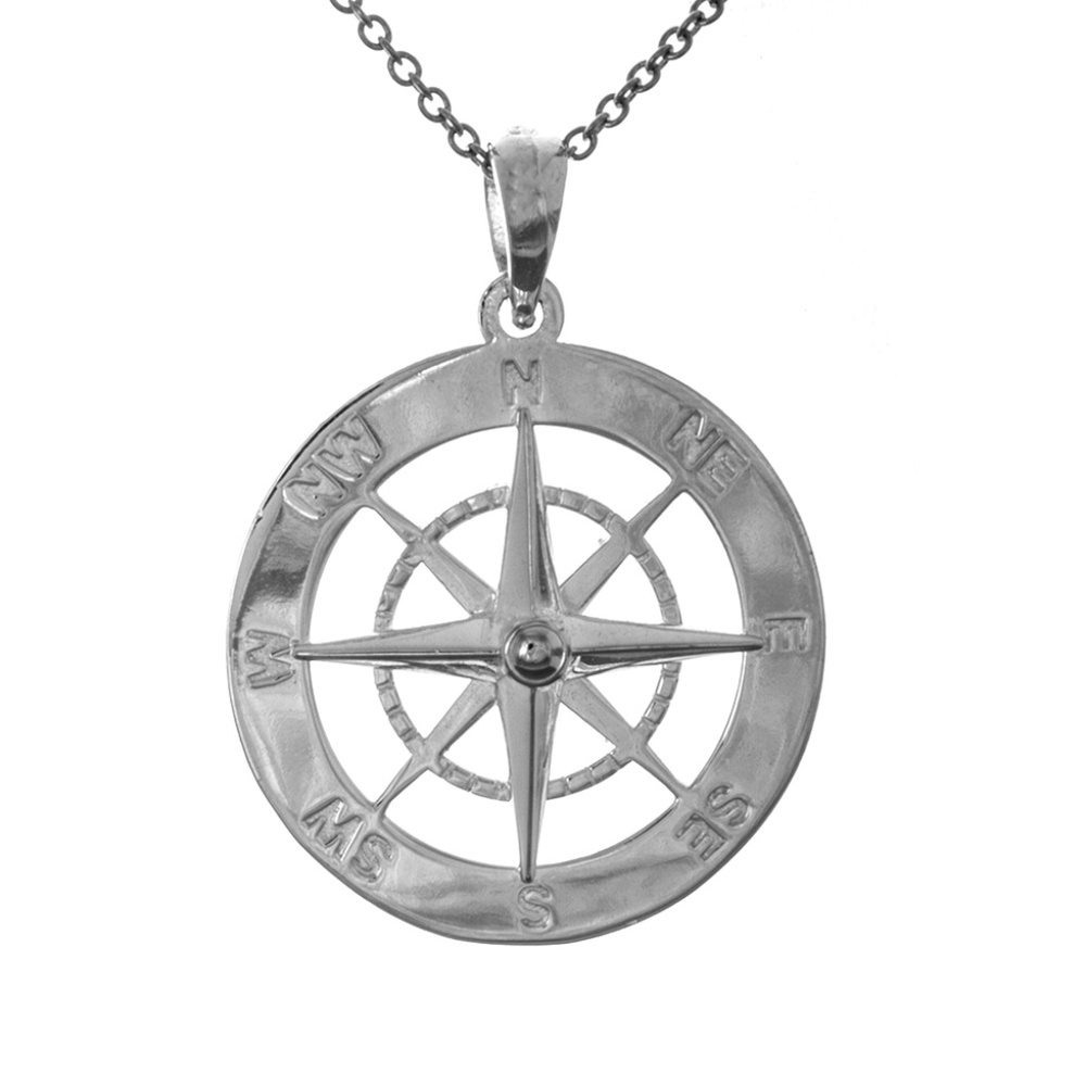 925 Sterling Silver RH Plated Nautical Small Compass Pendant Necklace 20.75mm